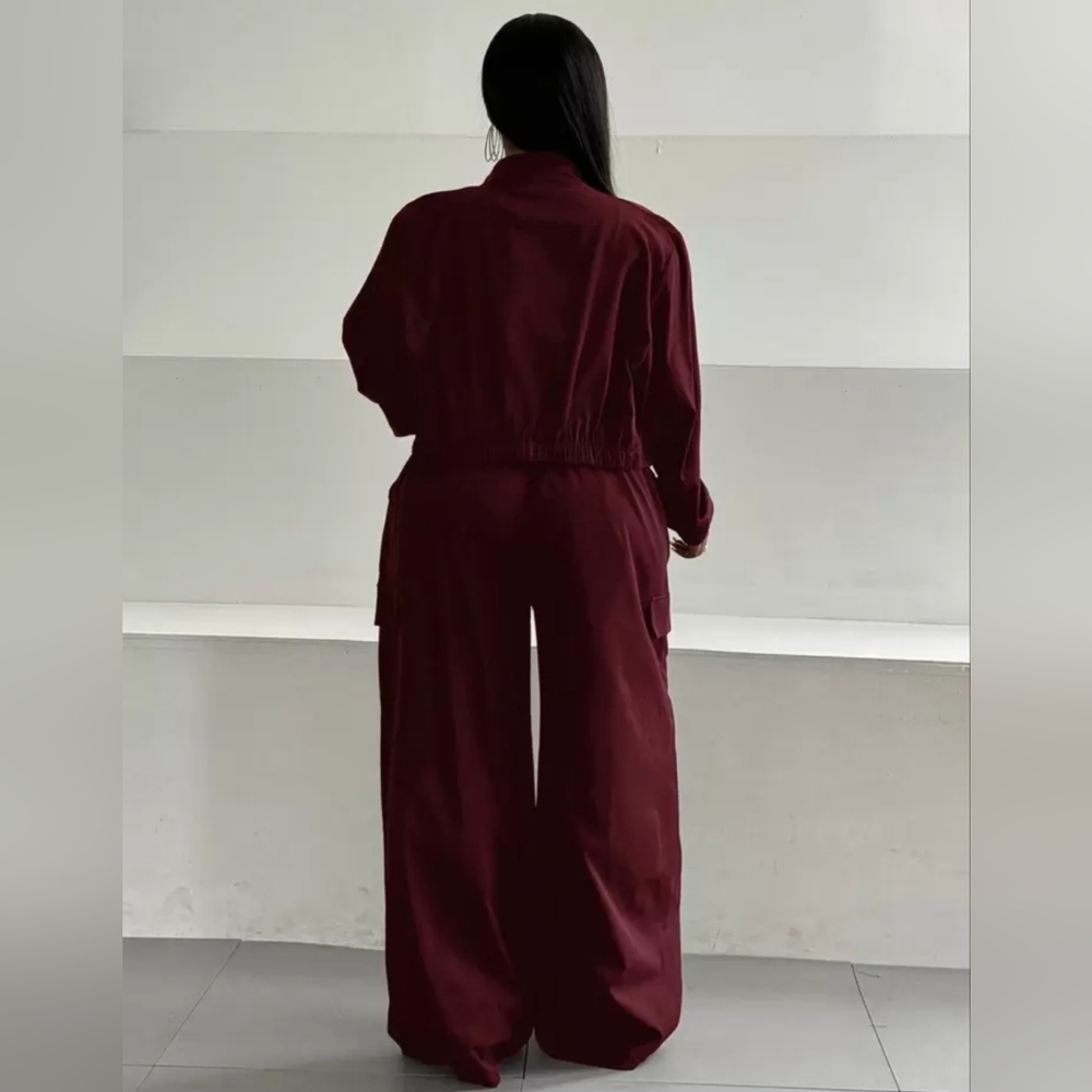 Women's Deep Red Zip-Front Crop Jacket With Wide Leg Pants Two Piece Set Sz Xl - Picture 6 of 6